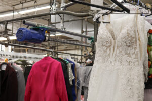 Wedding gown being dry cleaned