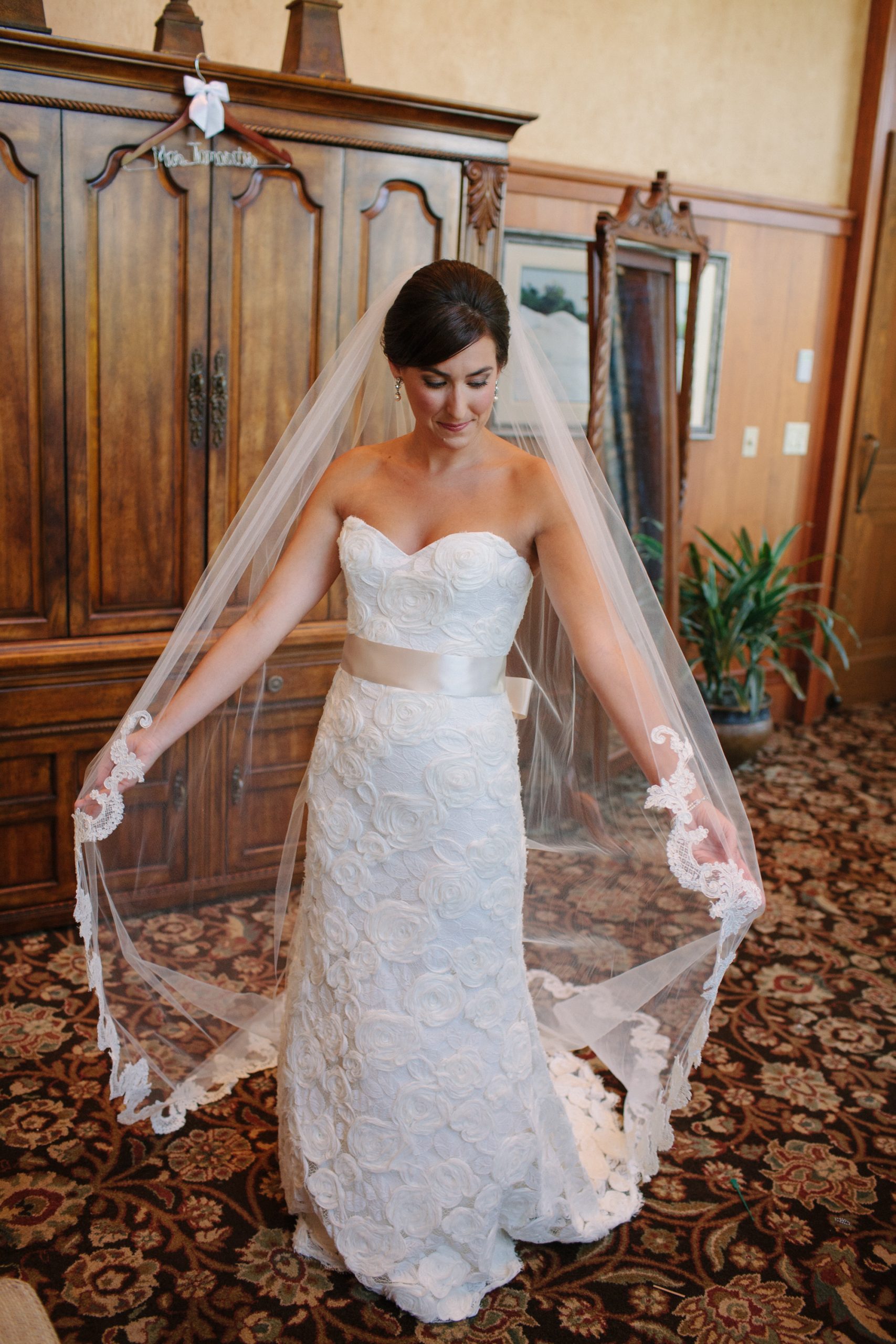 wedding gown and veil on bride